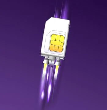 Fast internet connection. SIM card rocket flying on purple background Stock Photos