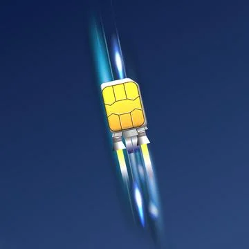 Fast internet connection. SIM card rocket flying on dark blue background Stock Photos