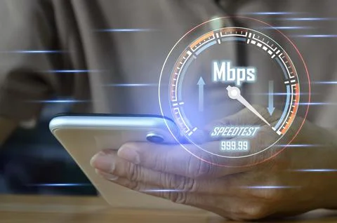 Fast internet connection speedtest network bandwidth technology Man using h.. Stock Photos