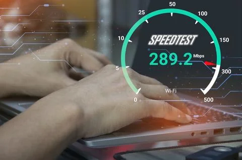 Fast internet connection speedtest network bandwidth technology Man using h.. 写真素材