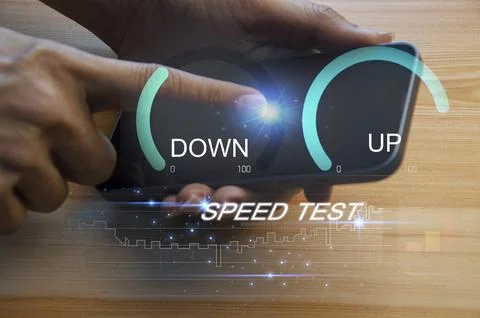 Fast internet connection speedtest network bandwidth technology Man using h.. Stock Photos