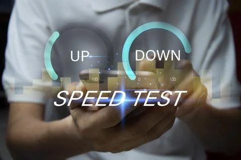 Fast internet connection speedtest network bandwidth technology Man using h.. Stock Photos