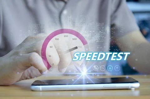 Fast internet connection speedtest network bandwidth technology Man using h.. Stock Photos