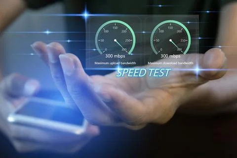 Fast internet connection speedtest network bandwidth technology Man using h.. Stock Photos