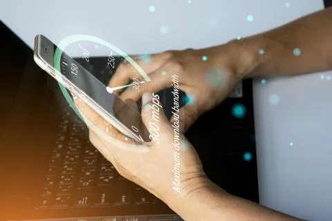 Fast internet connection speedtest network bandwidth technology Man using h.. Stock Photos