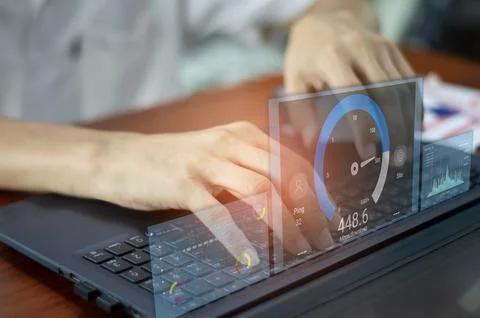 Fast internet connection speedtest network bandwidth technology Man using h.. Foto stock