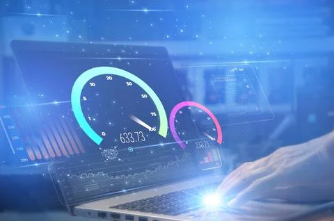 Fast internet connection speedtest network bandwidth technology Man using h.. Stock Photos