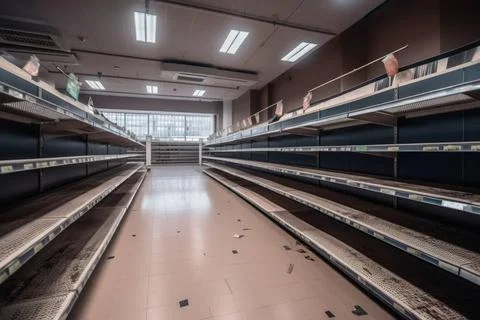 Fast leere Regale in einem Supermarkt nach einem großen Ansturm, der mit g.. Stock Photos