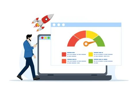 Fast loading site testing concept, Speedometer test shows speed time. Stock Illustration