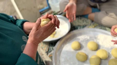 Fast making flour dough ball after fermentation traditional baking flat Stock Footage 245345372