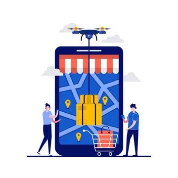 Fast modern delivery by quadcopter concept with character. People stand nea.. Stock Illustration