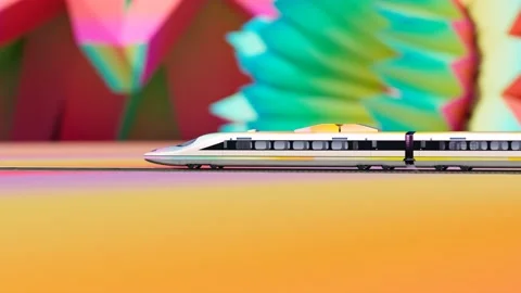 Fast Modern High-Speed Train Passing Through Surreal Rainbow Landscape Video stock 237618832