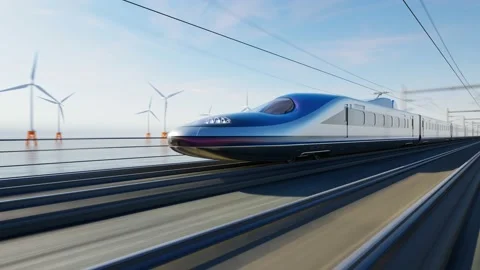 Fast modern train on bridge over water with wind turbines in the background Stock Footage 234321429