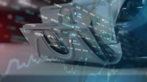 Fast Money Counting Machine with Rising Financial Graph Overlay Stock Footage 336757564