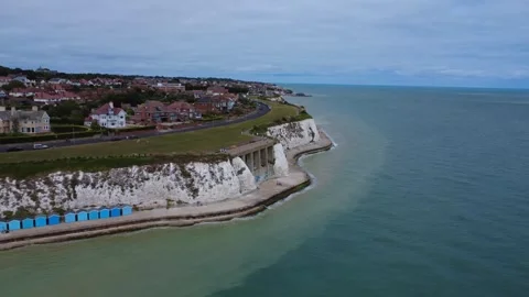 Fast-Motion 4K Drone Footage Over Dumpton Gap at High Tide, Kent, United Kingdom Stock Footage 313005642