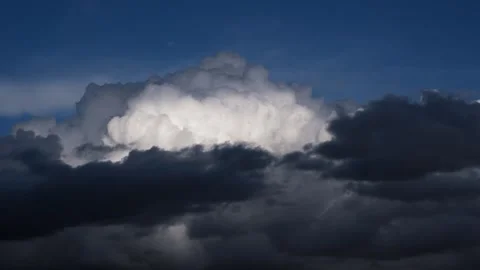 Fast motion close-up of fluffy white and dark grey tropical storm clouds Video stock 258122338