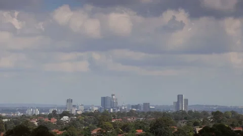 Fast motion clouds over towers of Parramatta cityscape in Sydney west 4k. Stock-Footage 152561100