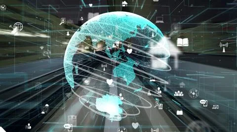 Fast motion digital data flow on road with global network graphi 스톡 일러스트