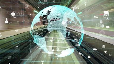 Fast motion digital data flow on road with global network graphi 스톡 사진