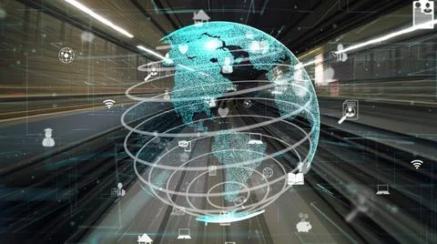 Fast motion digital data flow on road with global network graphi Foto stock