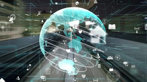 Fast motion digital data flow on road with global network graphi Stock Photos