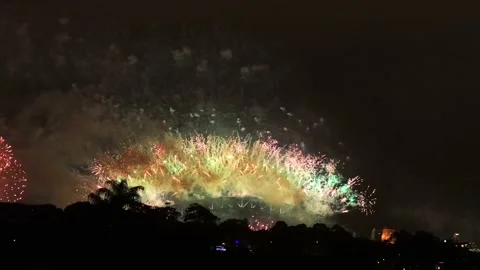 Fast motion fireworks display in Sydney over Harbour bridge – New Year 4k. Stock Footage 145990714