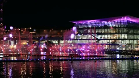 Fast motion floating fountain on Darling harbour waters in Sydney Vivid 4k. Stock Footage 199143199