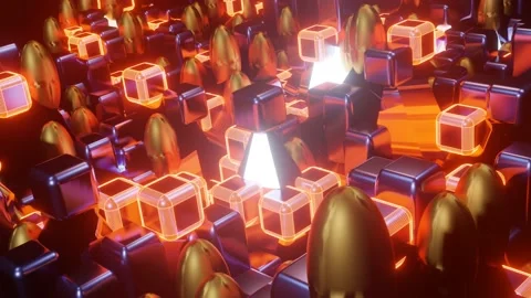 Fast motion graphics sci fi: futuristic hollow boxes, squares and golden Stock Footage 132688029