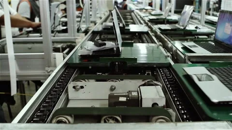 Fast Motion Laptop Assembly Line, Conveyor Belt Workflow With Flying Dust   Stock Footage 106217557