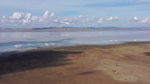 Fast motion over Lake George and wind farm windmills in NSW – 4k. Stock Footage 153638377