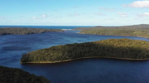 Fast motion over Myall lake on Pacific coast of NSW, Australia – aerial 4k. Stock Footage 199328672