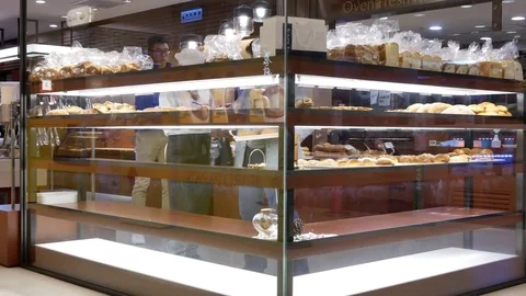 Fast motion of people buying bread inside shopping mall with 4k resolution 스톡 동영상 85197926