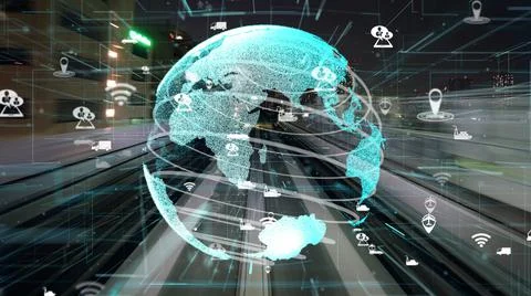 Fast motion transport flow on road with global network graphic m 스톡 일러스트