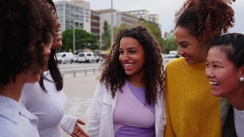 Fast motion video group diverse young only women standing together talking and Stock Footage 316923651