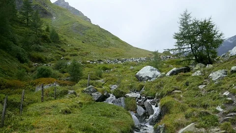 Fast motion video of small mountain waterfall in the Austrian alps near the Stock Footage 89951507