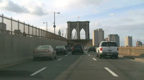 FAST MOTION View inside a car as it crosses the Brooklyn Bridge Stock Footage 331784