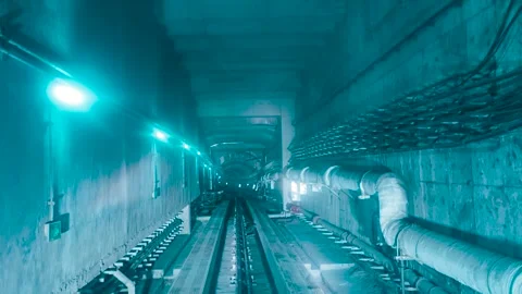 Fast motion view of a subway train moving through a dark underground tunnel Stock Footage 342281448
