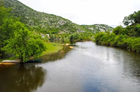 Fast mountain river flowing between high mountains. River Crnojevica. Stock-Fotos
