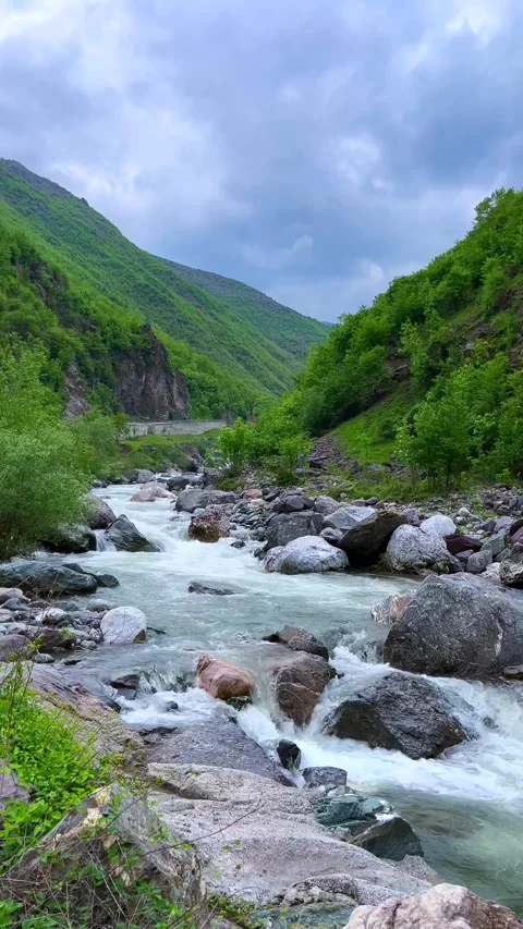 Fast Mountain River Flowing Through Rocky Green Valley Under Cloudy Sky Stock Footage 310210386