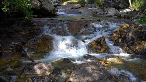 Fast mountain stream with clear water. Mountain stream flows among the stones Vídeos de archivo 116203947
