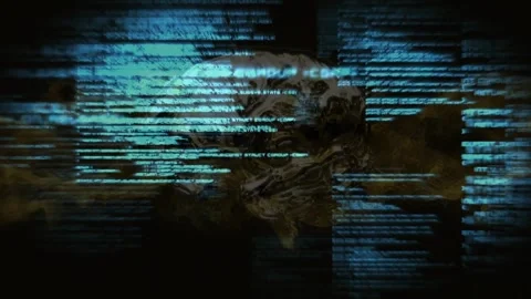 Fast-moving blue code scrolling over smoky gold revealing metallic skull Stock Footage 319573910