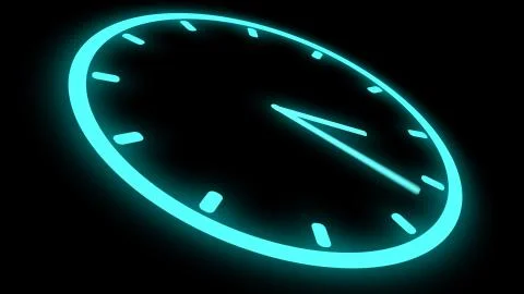 Fast moving clock Neon bright glowing spinning animation 3D rendering Stock Illustration