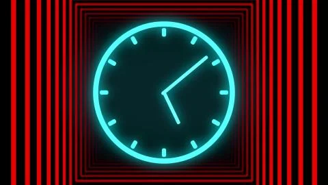 Fast moving clock Neon bright glowing spinning animation 3D rendering Stock Illustration