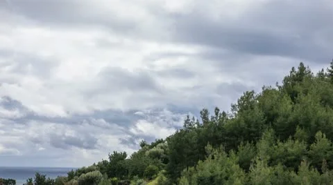 Fast moving clouds above green trees and sea Stock Footage 11129549