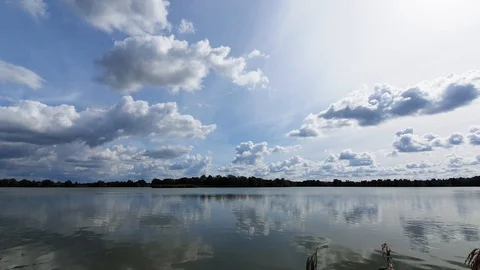 Fast-moving clouds fly over lake. Time lapse Barycz Valley Landscape Park Stock Footage 116801556