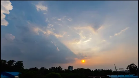 Fast Moving Fluffy Cloud Timelapse during beautiful Sunset 4K HDR Stock Footage 338400897