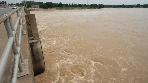 Fast moving muddy flood river Stock Footage 79594649