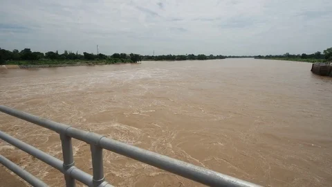 Fast moving muddy flood river Stock Footage 79594794