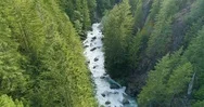 Fast Moving River Through Forest Canyon Aerial Overview Nature Landscape Stock Footage