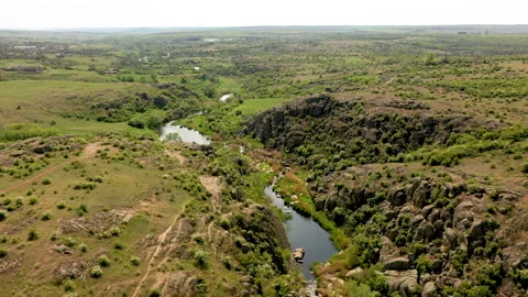 Fast Moving River Through Forest Canyon Aerial Overview Nature Landscape Видео 130512430